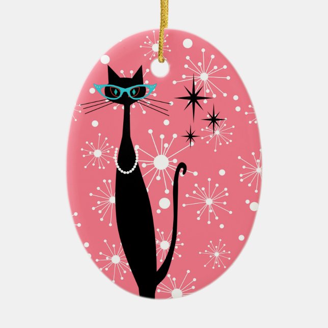 Retro Atomic Era Mid Century Modern MCM Black Cat Ceramic Ornament (Front)