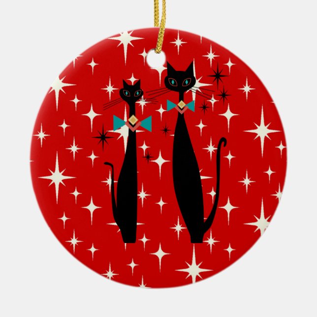 Retro Atomic Era Mid Century Modern MCM Black Cat  Ceramic Ornament (Front)
