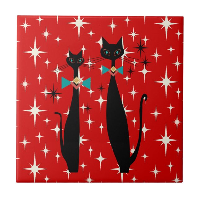 Retro Atomic Era Mid Century Modern MCM Black Cat  Ceramic Tile (Front)