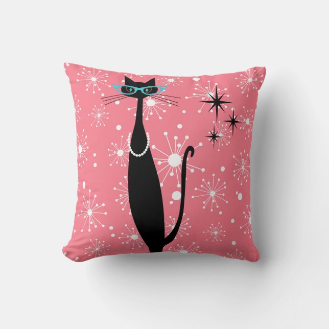 Retro Atomic Era Mid Century Modern MCM Black Cat Cushion (Front)