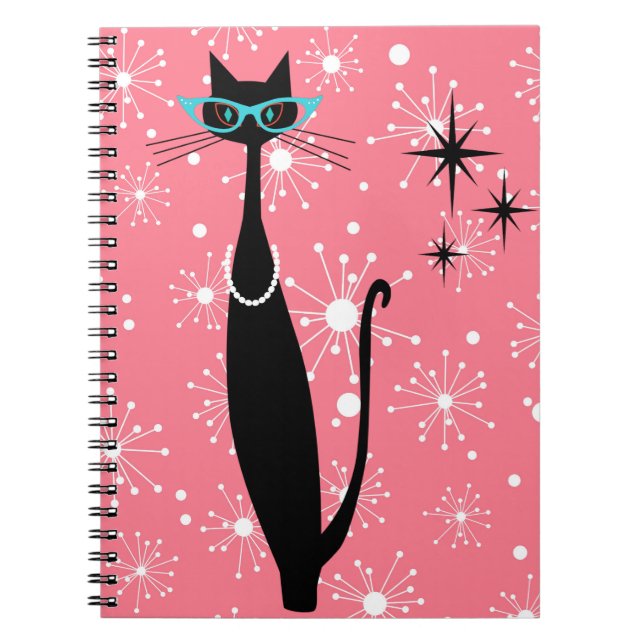 Retro Atomic Era Mid Century Modern MCM Black Cat Notebook (Front)