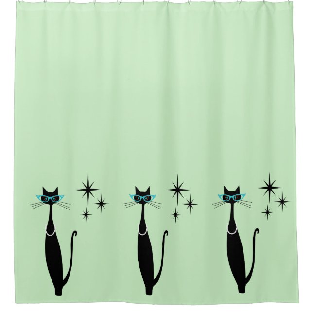 Retro Atomic Era Mid Century Modern MCM Black Cat Shower Curtain (Front)