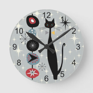 Retro Atomic Era Mid Century Modern MCM Cool Cat 2 Round Clock
