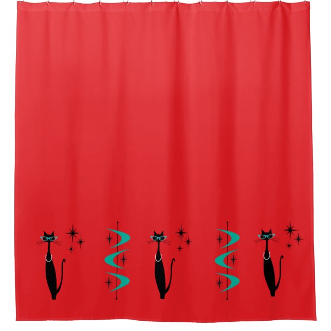 Retro Atomic Era Mid Century Modern MCM Kitty Cat Shower Curtain (Front)