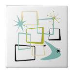 Retro Atomic Era Stars Boomerang Mid Century Ceramic Tile<br><div class="desc">Add that splash of fun and colour to your kitchen or bathroom with this fabulous atomic era mid century modern ceramic tile. This design features abstract squares,  starbursts,  and a boomerang in the colours of avocado green,  aqua blue,  yellow,  and black... so funky!</div>