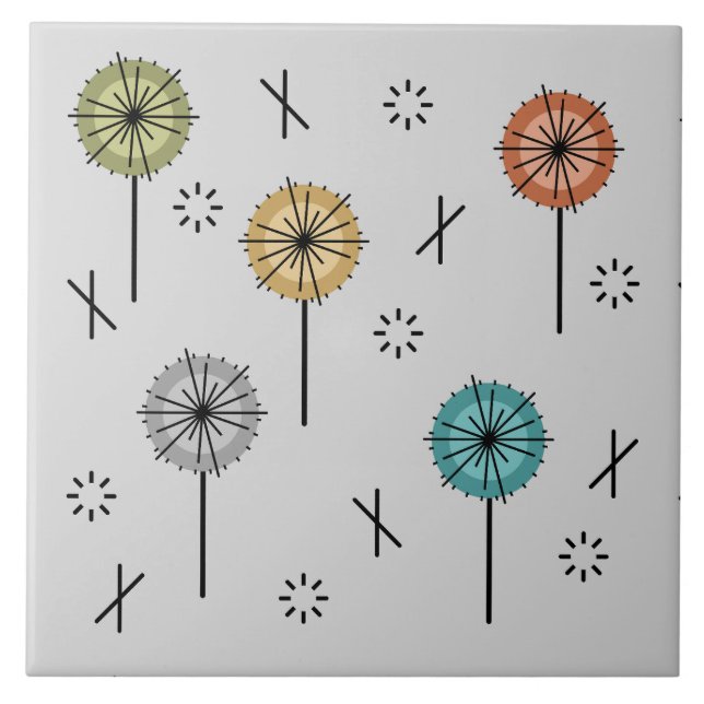 Retro Atomic Flowers Multicolored Ceramic Tile (Front)