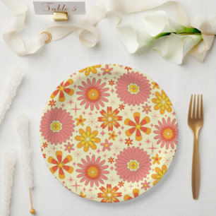 Retro atomic flowers with starbursts birthday paper plate