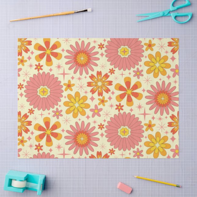 Retro atomic flowers with starbursts on cream  tissue paper (Craft)
