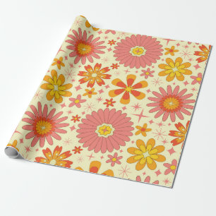 Retro atomic flowers with starbursts on cream wrapping paper