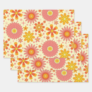 Retro atomic flowers with starbursts on cream wrapping paper sheet