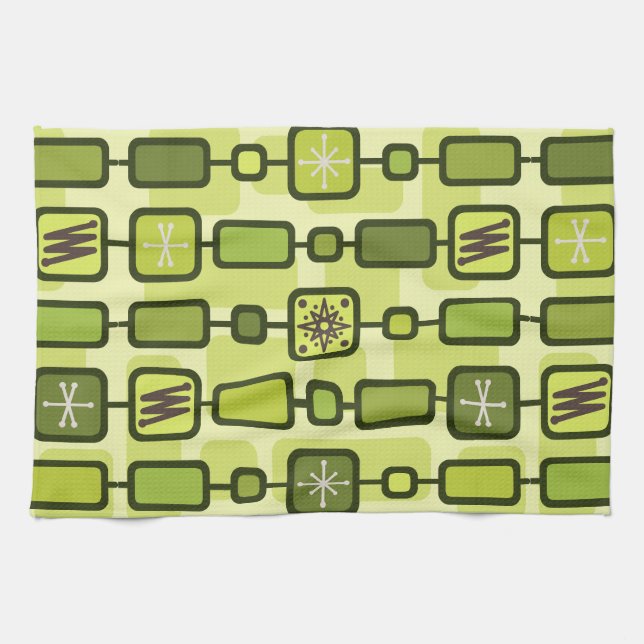 Retro Atomic Geometric Art Chartreuse Tea Towel (Horizontal)