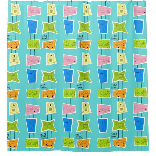 Retro Atomic Kitsch Shower Curtain (Front)