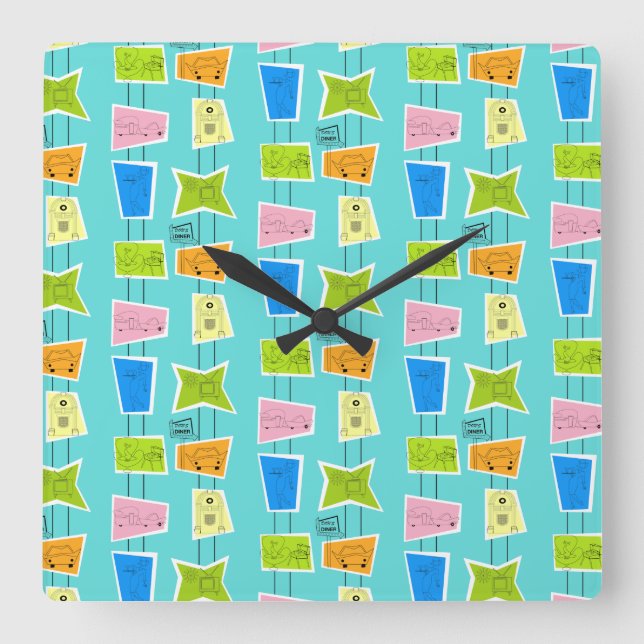 Retro Atomic Kitsch Square Acrylic Wall Clock (Front)