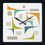 Retro Atomic Mid Century Geometric Turquoise Green Square Wall Clock<br><div class="desc">Add a pop of color to your wall with this funky mid century modern clock! It features the bright and bold colors of turquoise,  blue,  olive green,  orange,  and tan geometric shapes.</div>