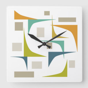 Retro Atomic Mid Century Geometric Turquoise Green Square Wall Clock