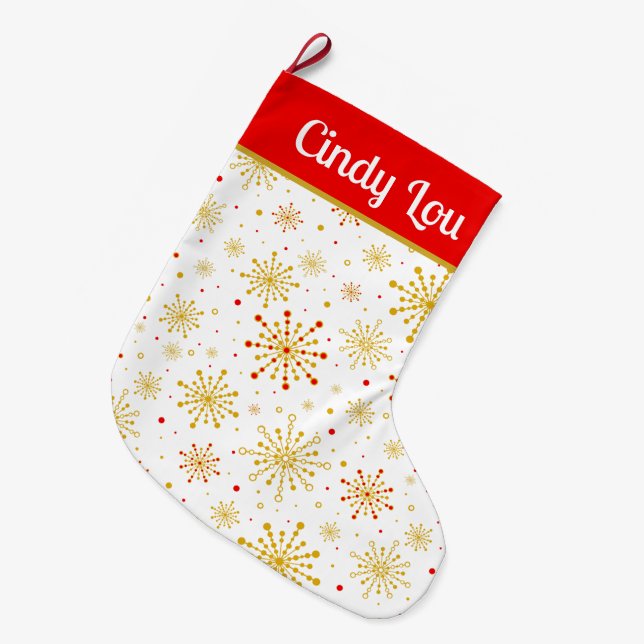 Retro Atomic Mid-Century Mod Red Gold Personalised Large Christmas Stocking (Front (Hanging))