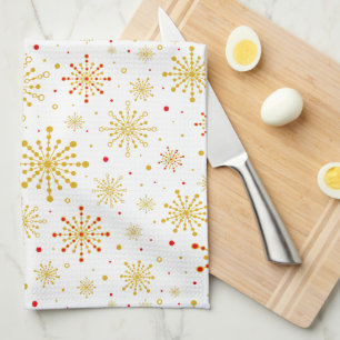 Retro Atomic Mid-Century Mod Red & Gold Starburst Tea Towel