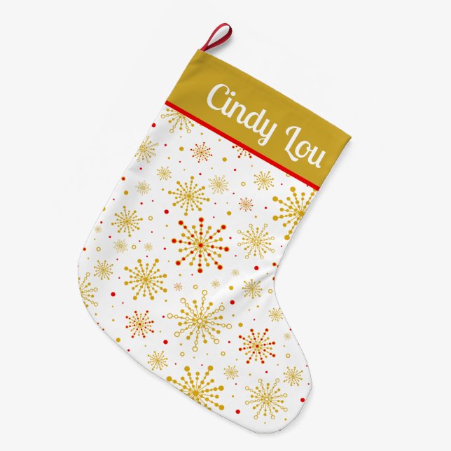 Retro Atomic Mid-Century Modern Gold Personalised Large Christmas Stocking (Front (Hanging))