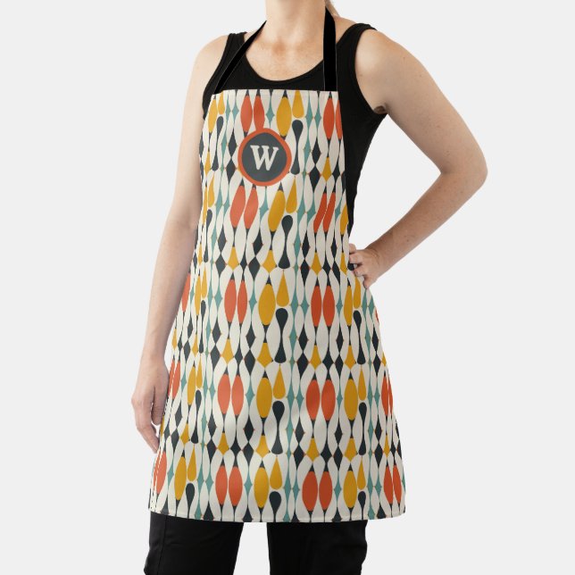 Retro Atomic Mid Century Teal Gold Orange Monogram Apron (Insitu)