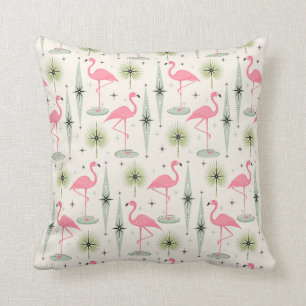 Retro Atomic Oasis with Pink Flamingos Cushion