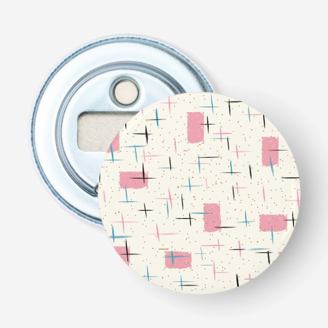 Retro Atomic Pink Pattern Button Bottle Opener (Front)