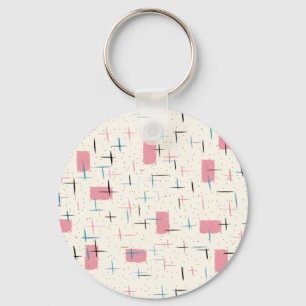 Retro Atomic Pink Pattern Button Keychain