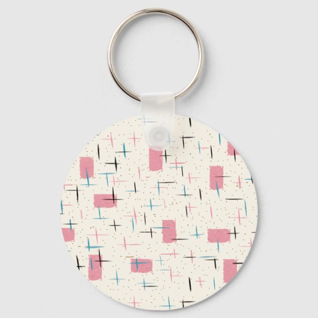 Retro Atomic Pink Pattern Button Keychain (Front)