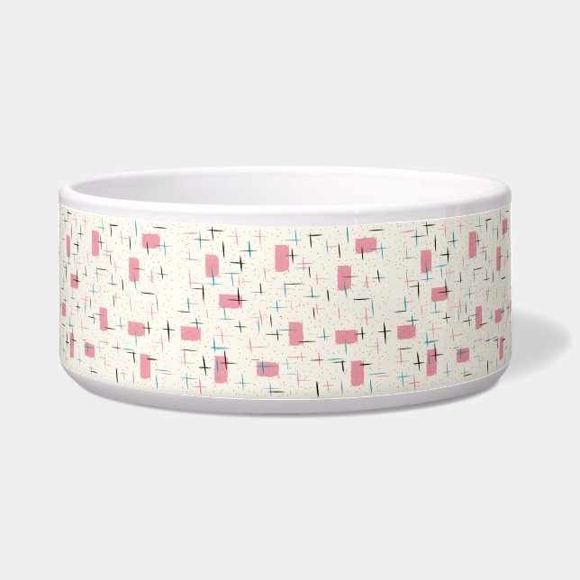 Retro Atomic Pink Pattern Ceramic Pet Bowl (Front)
