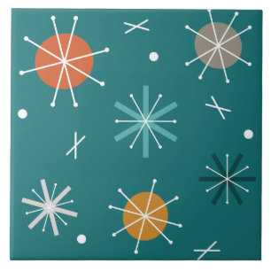 Retro Atomic Planets Starbursts Teal Ceramic Tile