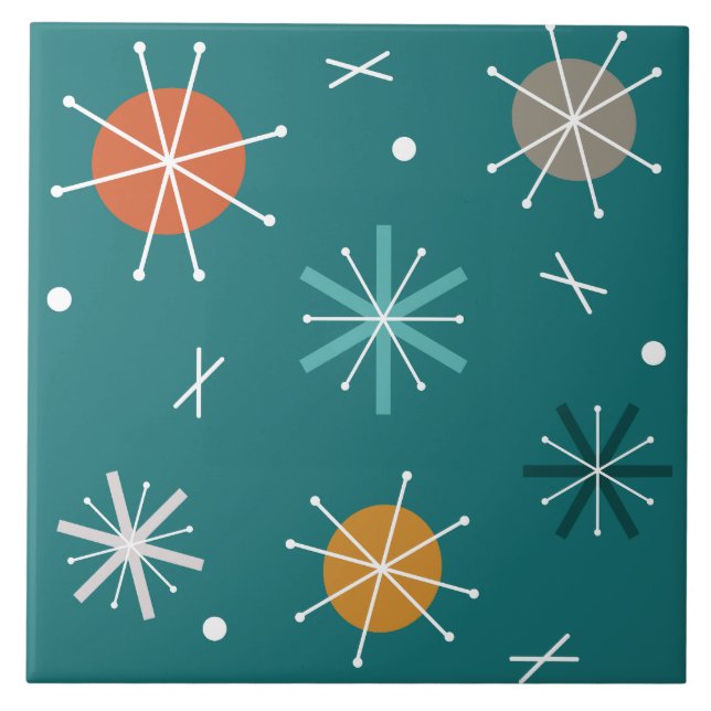 Retro Atomic Planets Starbursts Teal Ceramic Tile (Front)
