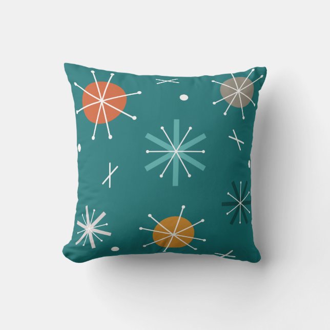 Retro Atomic Planets Starbursts Teal Cushion (Front)