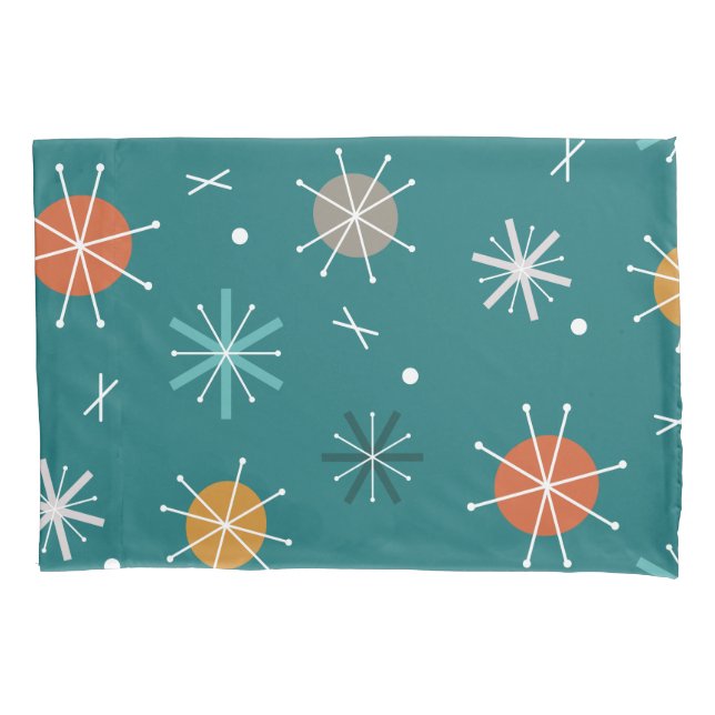 Retro Atomic Planets Starbursts Teal Pillowcase (Front)