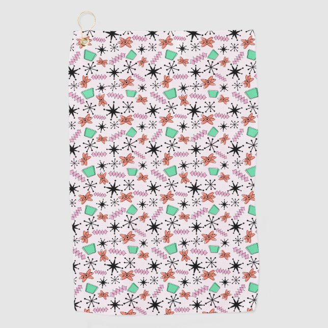 Retro Atomic Shapes Pink Orange & Green Golf Towel (Front)