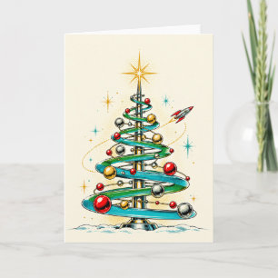 Retro Atomic Space Age Christmas Tree Rocket Ship Holiday Card