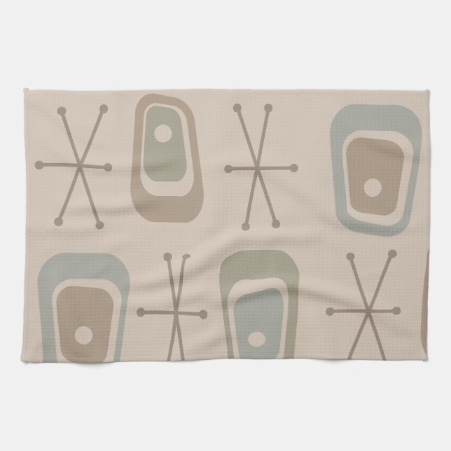 Retro Atomic Space Age Soft Neutral Colours Tea Towel (Horizontal)