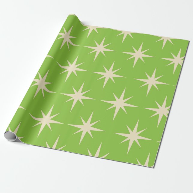 Retro Atomic stars pattern on lime green   Wrapping Paper (Unrolled)