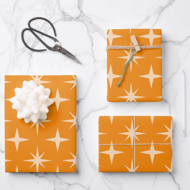 Retro Atomic Stars Pattern on Orange  Wrapping Paper Sheet (Front)