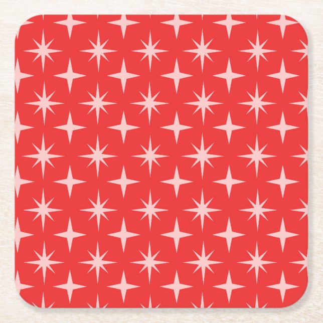 Retro Atomic Stars Pattern on Red  Square Paper Coaster (Front)
