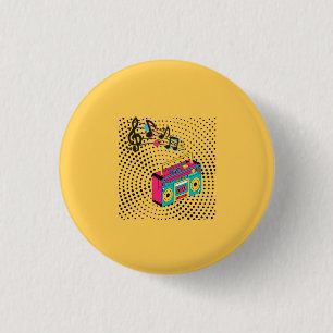 Retro audio boombox. 3 cm round badge