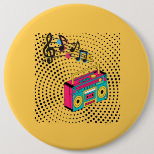 Retro audio boombox. 6 cm round badge