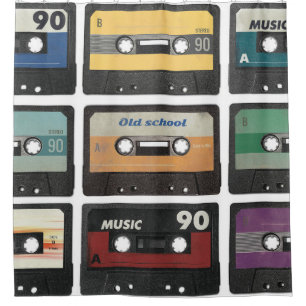 Retro audio cassette, isolated background. shower curtain