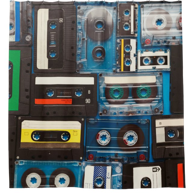 Retro audio cassette tapes shower curtain (Front)