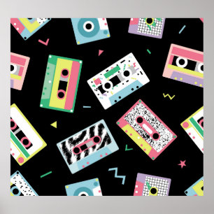 Retro audio tapes, 80s style pattern. poster