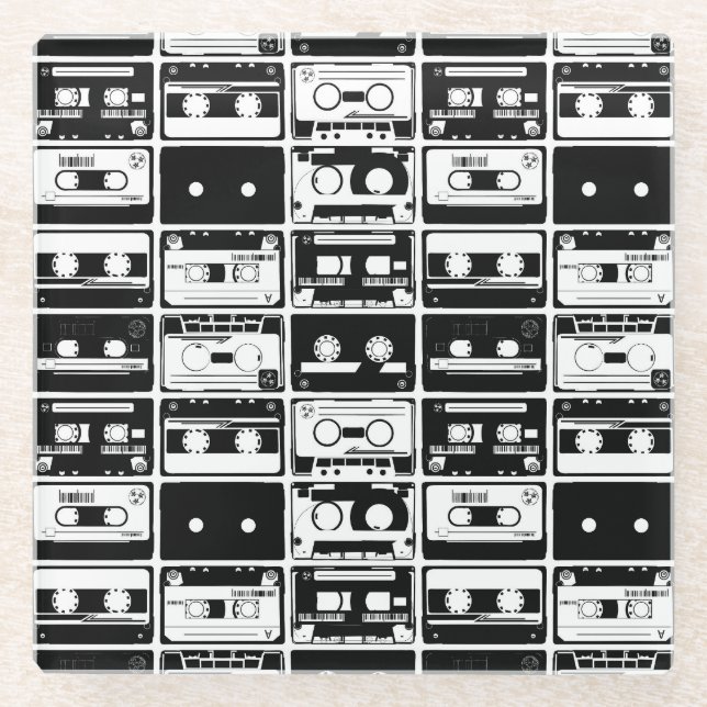 Retro audio tapes, old-fashioned pattern. glass coaster (Front)