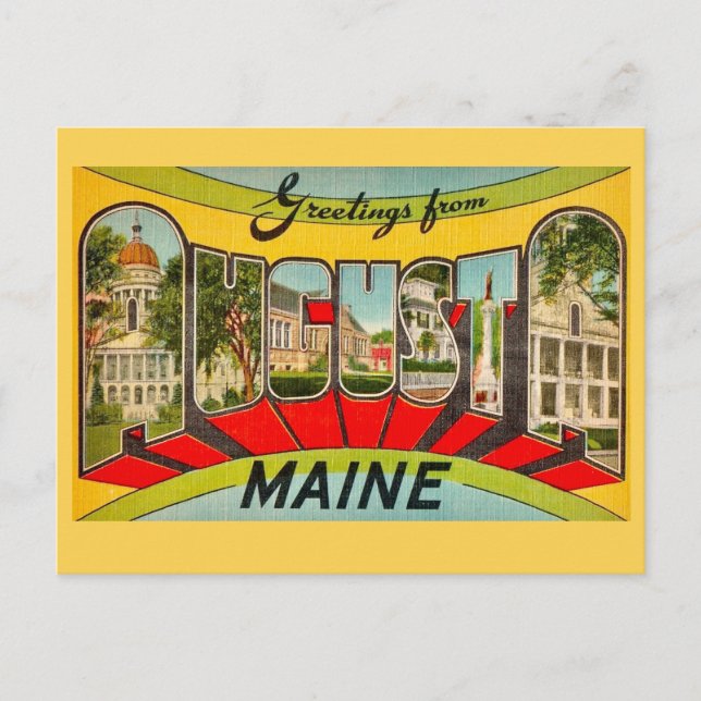 Retro Augusta ME Greetings Postcard (Front)