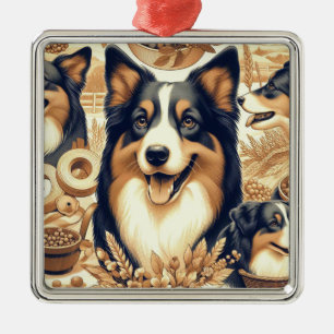 Retro Australian Shepherd Illustration Metal Ornament