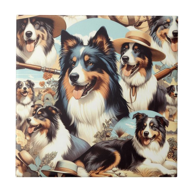 Retro Australian Shepherd Seamless Painting Ceramic Tile (Front)
