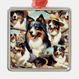 Retro Australian Shepherd Seamless Painting Metal Ornament