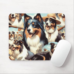 Retro Australian Shepherd Seamless Painting Mouse Pad