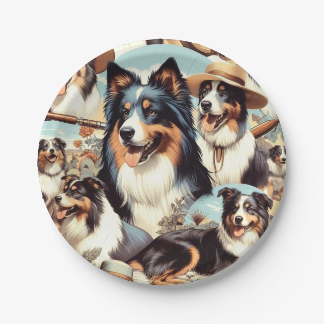 Retro Australian Shepherd Seamless Painting Paper Plate (Front)